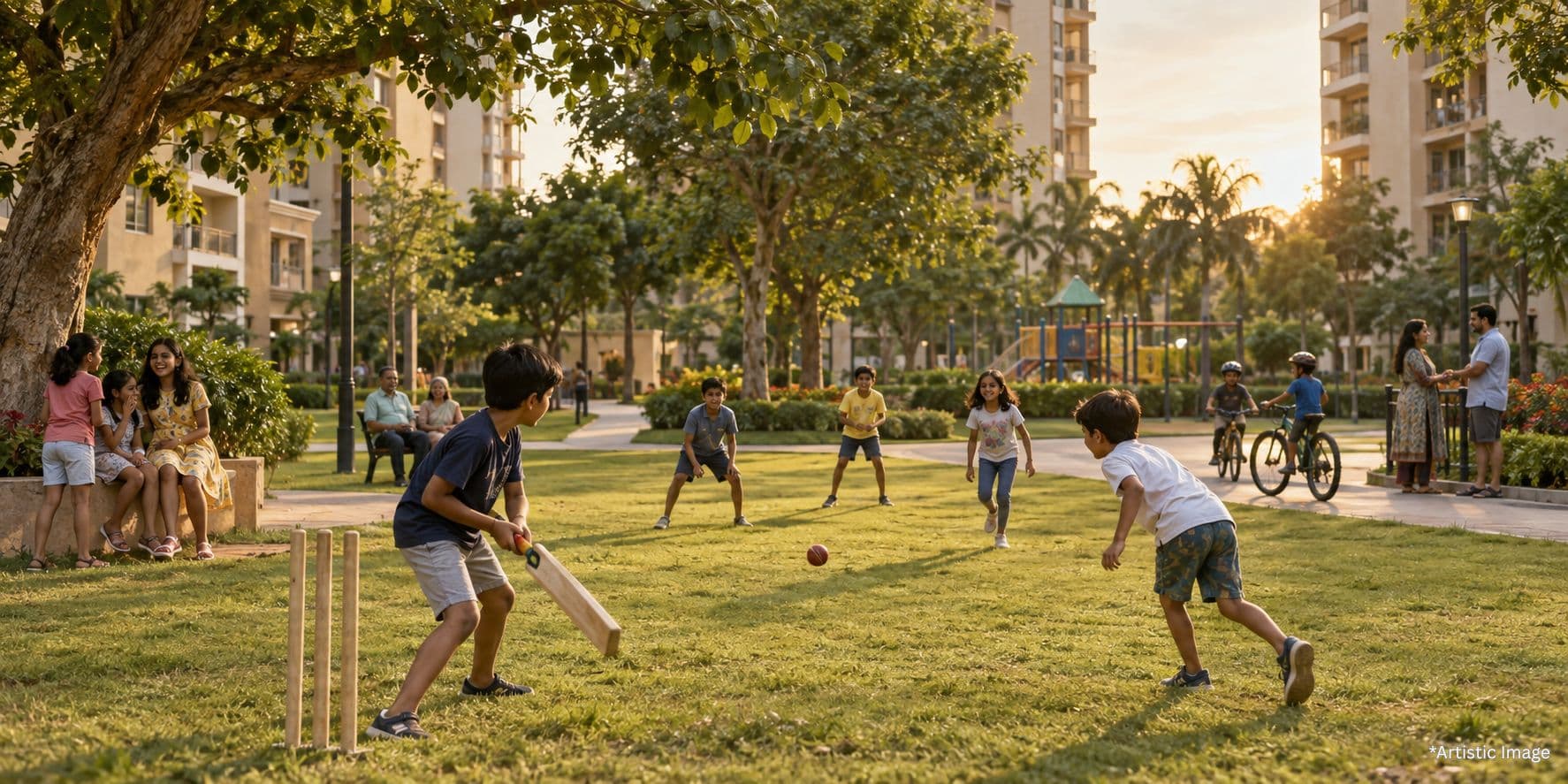 Children playing cricket in green open spaces at Hiranandani Parks, Oragadam